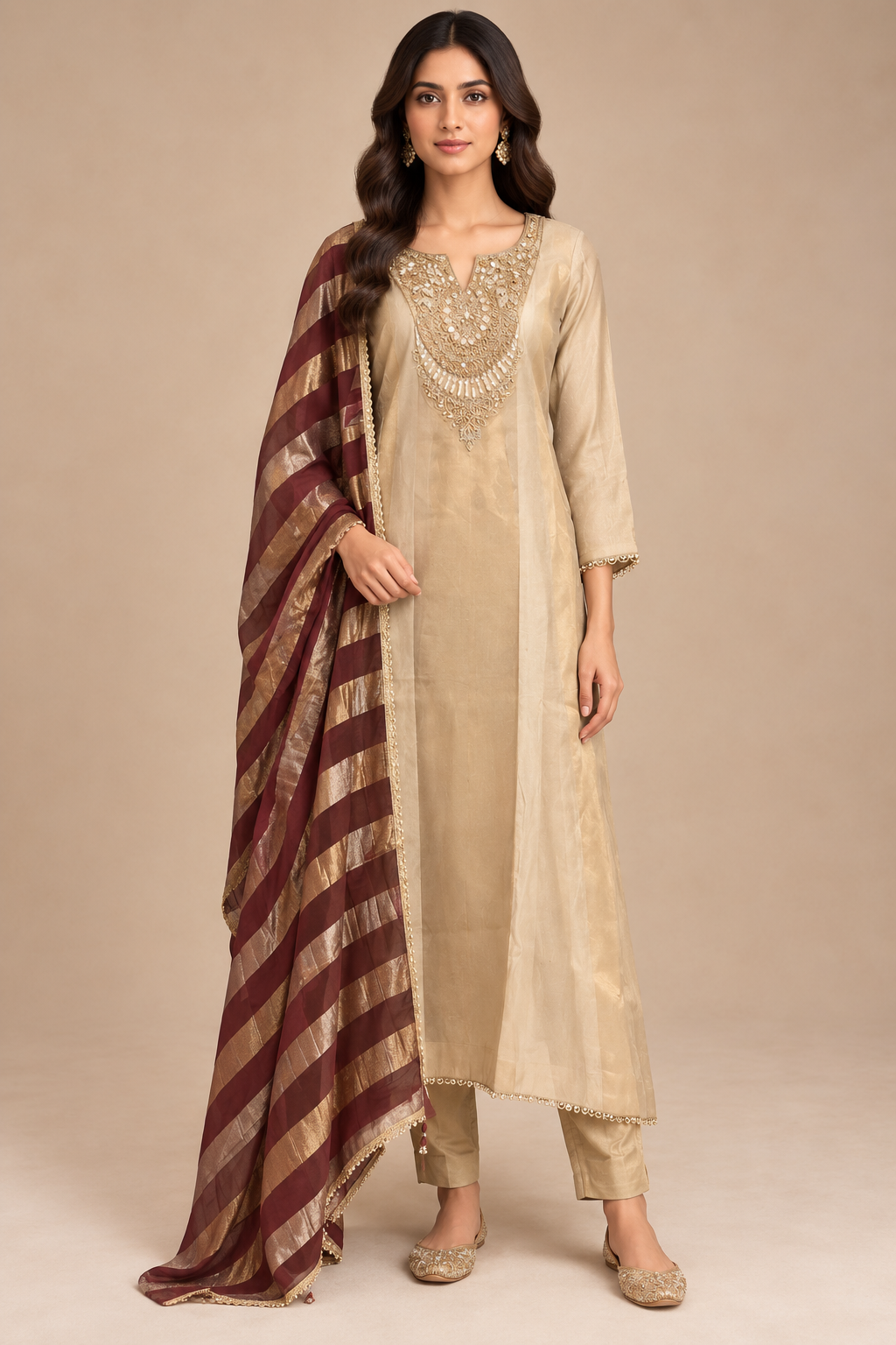 Champagne Gold Tissue Silk Anarkali Suit Set